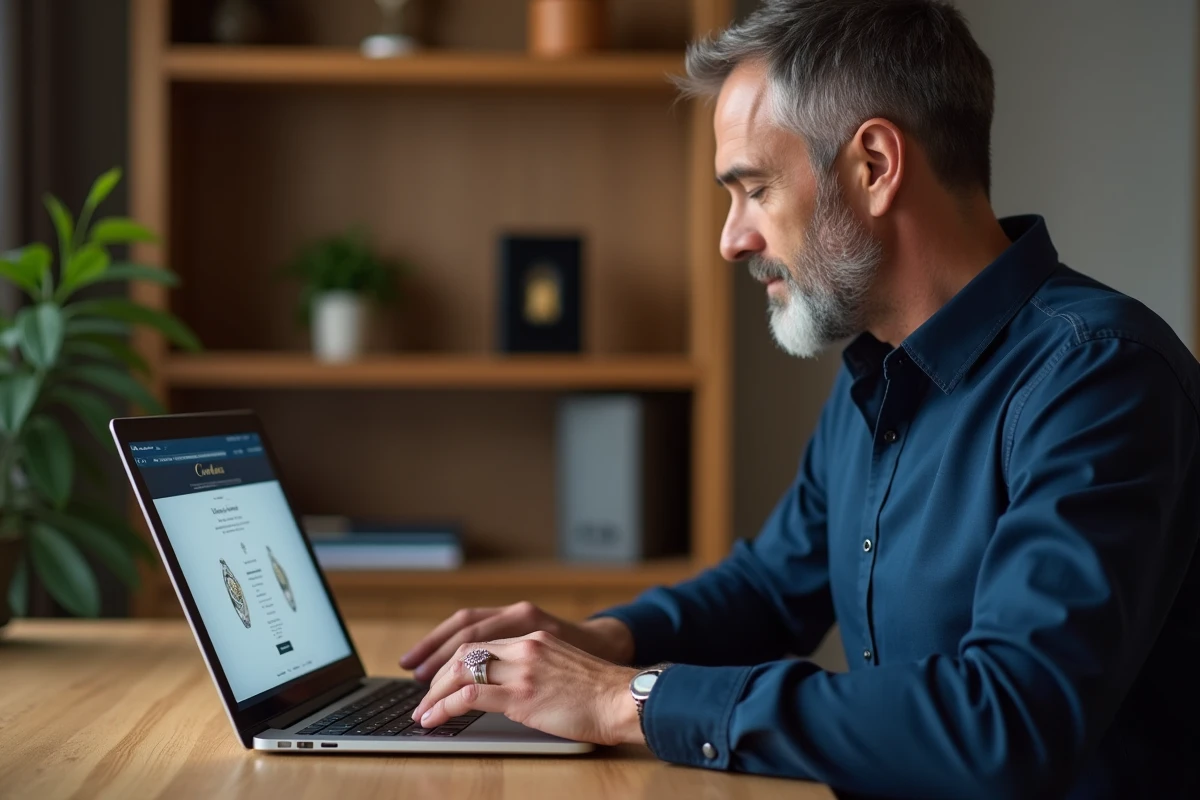 Homme achetant une bague Cartier Love en ligne sur son ordinateur portable depuis son bureau à domicile