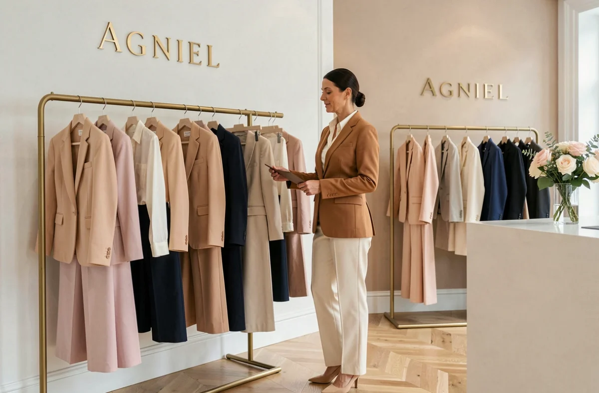 Boutique Agniel avec des vêtements féminins élégants sur des portants en laiton dans un espace raffiné aux murs blancs