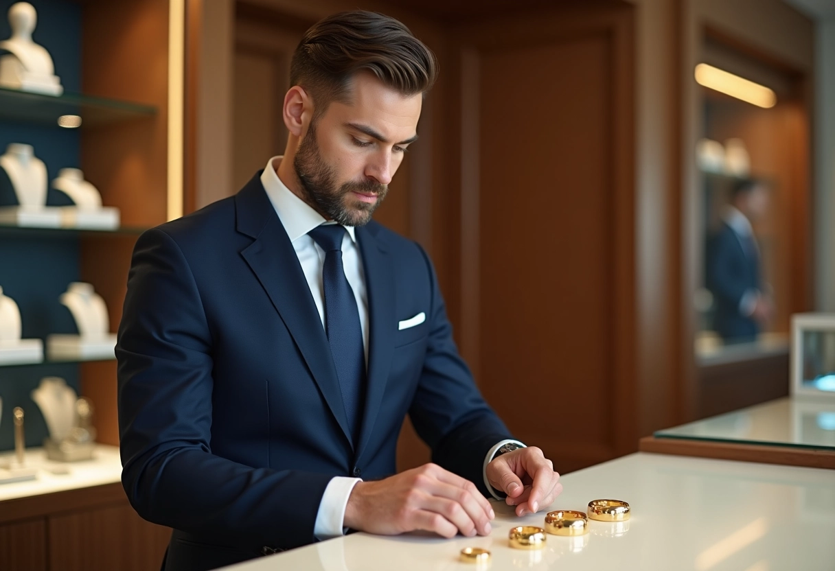 Jeune homme comparant des anneaux en or dans une bijouterie