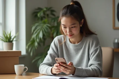 Jeune femme annulant une commande Shein sur son smartphone depuis son bureau &agrave; domicile