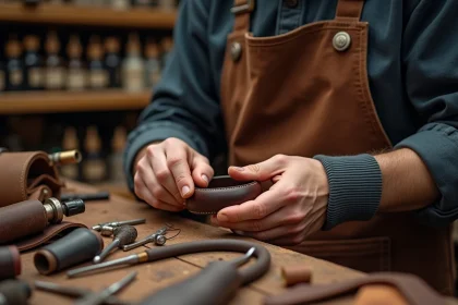 Artisan en train de confectionner un bracelet en cuir homme personnalisable dans un atelier de maroquinerie