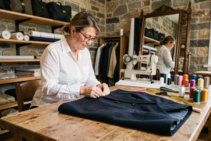 Tailleuse experte en atelier de retoucherie professionnelle cousant un blazer marine sur une table de travail en bois entourée d'outils de couture