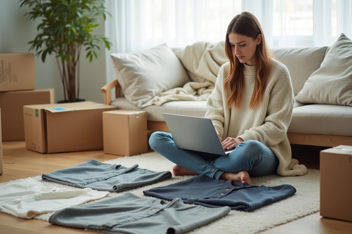 Femme rédigeant un avis en ligne entourée de vêtements de commandes en ligne déballées dans un salon scandinave