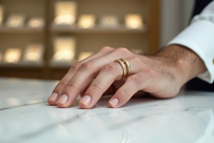 Bague Cartier Love homme en or jaune portée à la main, posée sur un marbre blanc en boutique de luxe