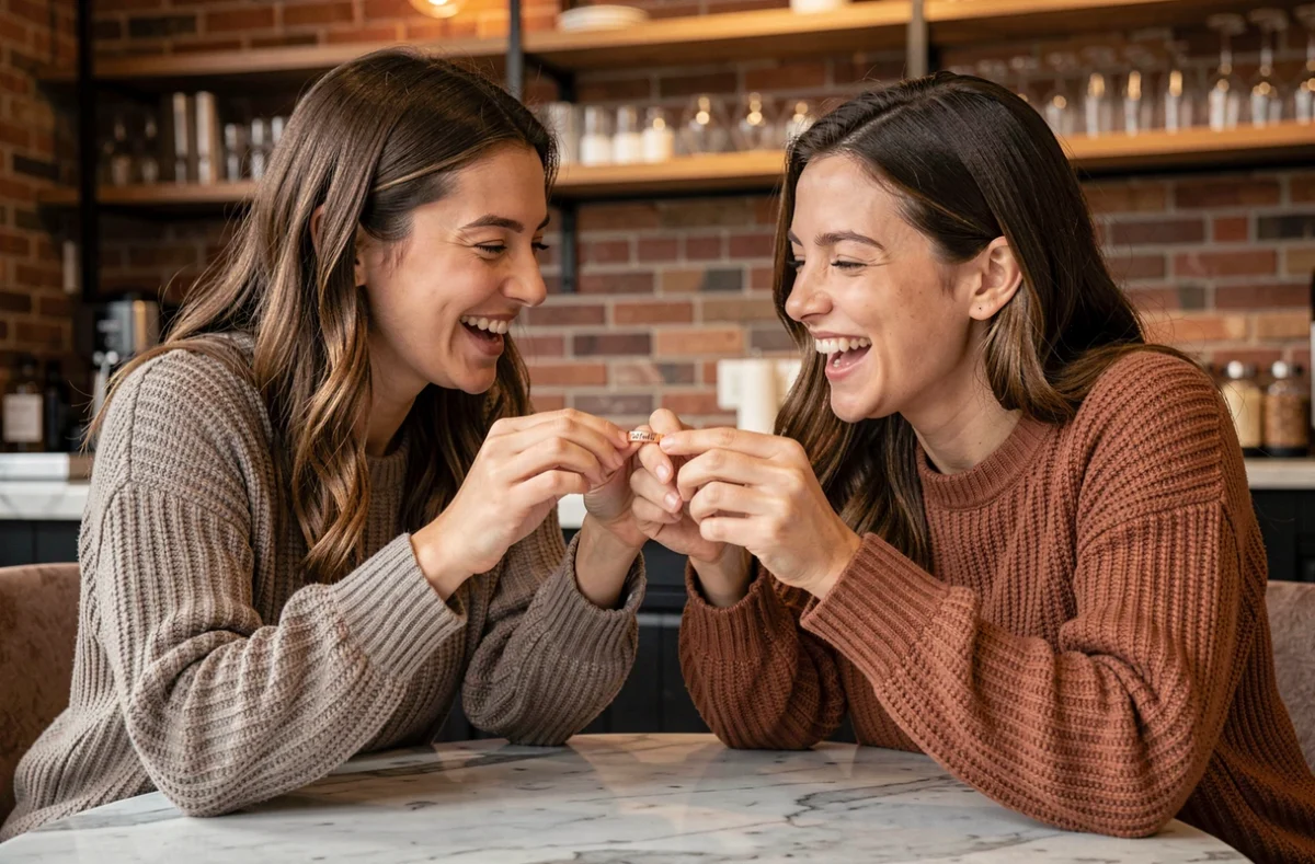 Deux amies découvrant une bague en or rose gravée dans un café, bijou personnalisé occasion spéciale