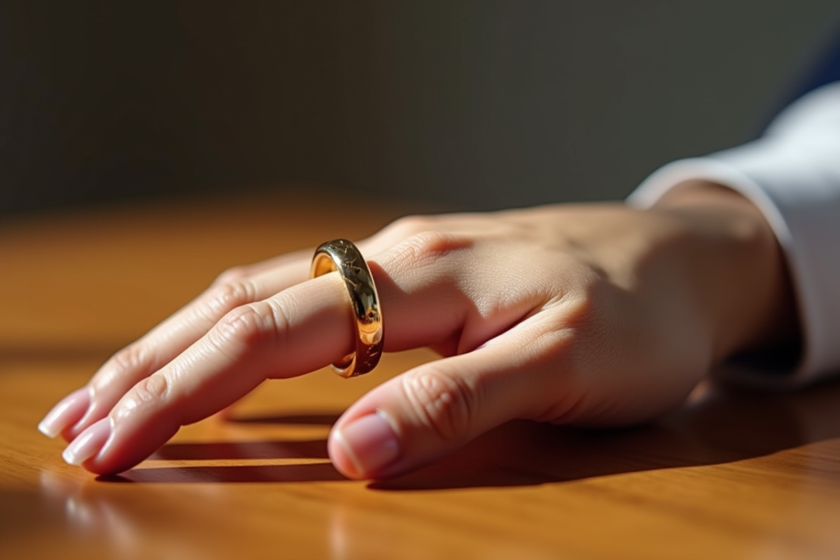 Main avec bague en or trop grande visible