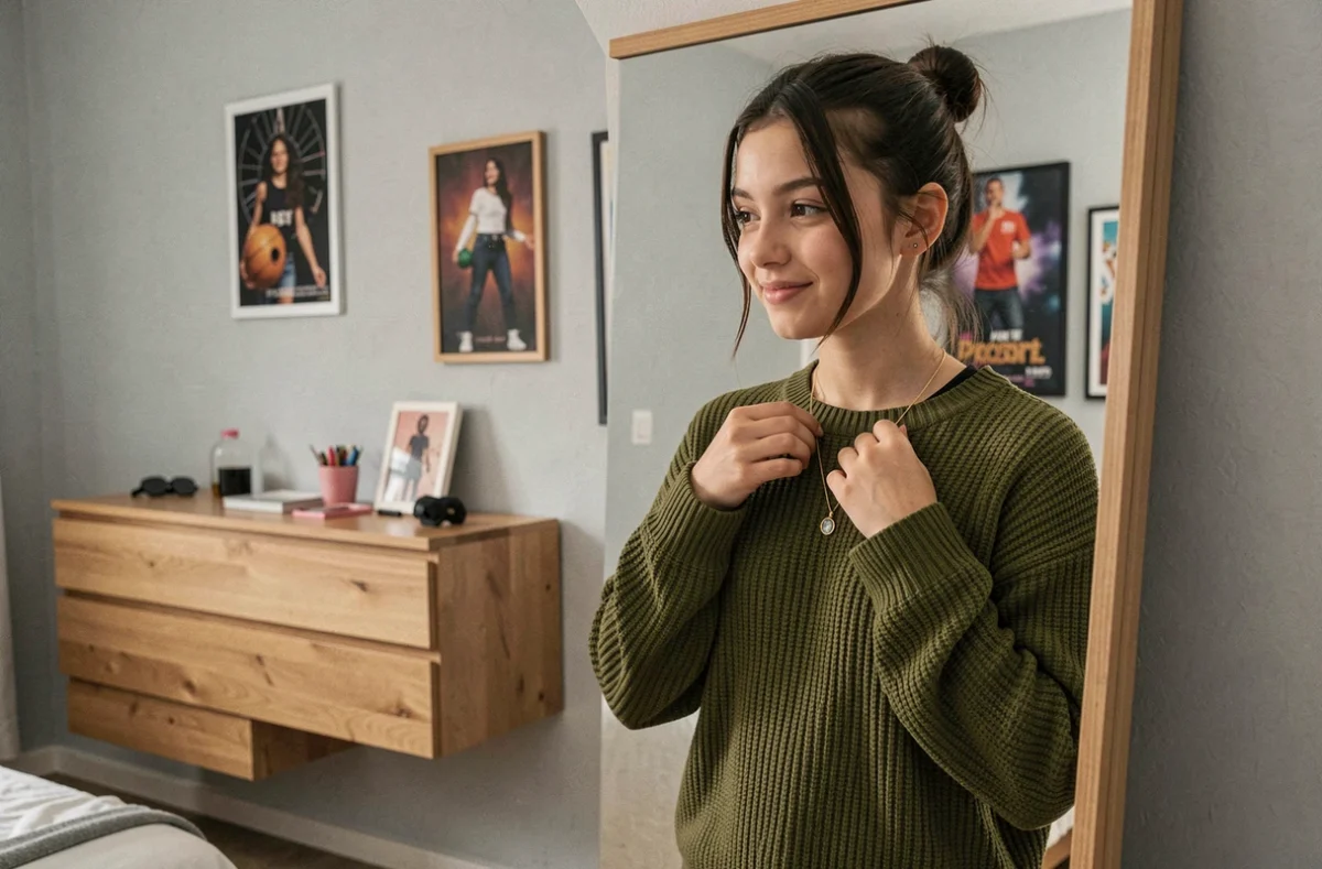 Adolescente de 14 ans attachant un collier en or avec une pierre de naissance devant un miroir dans sa chambre moderne