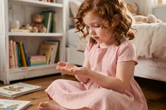 Petite fille de 7 ans admirant un bracelet en argent avec des étoiles posé dans sa main, assise sur un plancher en bois dans une chambre d'enfant décorée