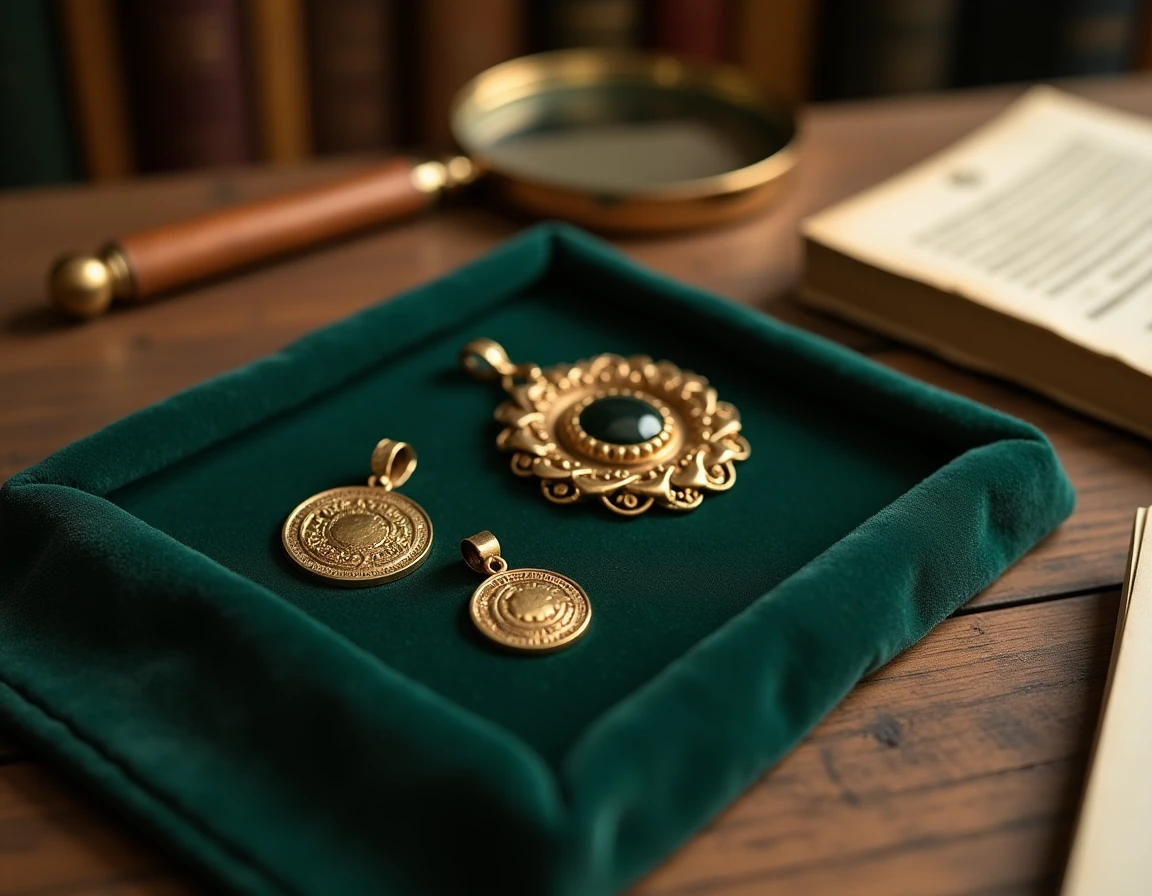 Bijoux anciens en or avec poinçons visibles posés sur un plateau en velours vert dans un bureau d'expertise antiquités