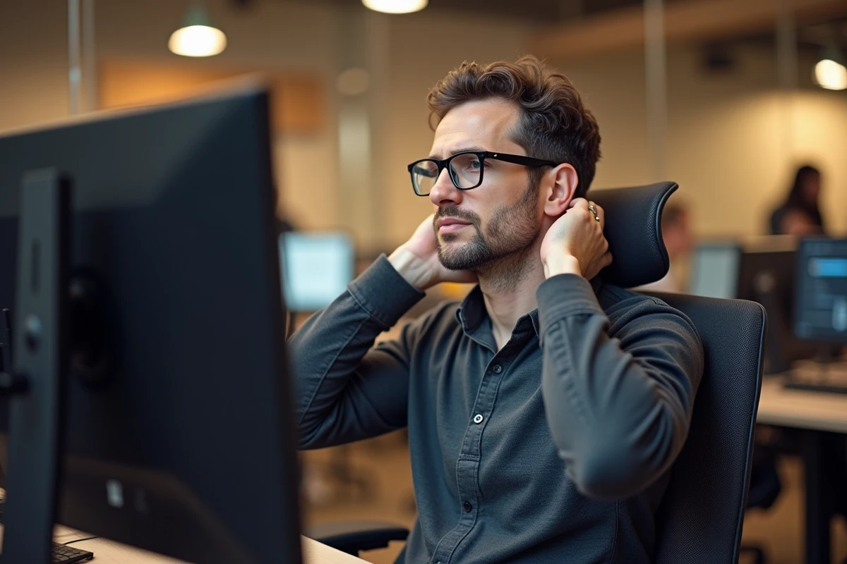 Blogueur professionnel stressé analysant des erreurs de contenu sur un grand écran dans un bureau moderne