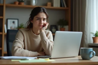 Jeune femme frustrée devant son ordinateur portable avec des statistiques de blog décevantes sur son bureau en bois