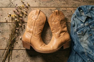 Bottines country femme en cuir tan avec coutures décoratives posées sur un plancher en bois rustique, style éditorial authentique
