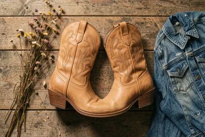 Bottines country femme en cuir tan avec coutures décoratives posées sur un plancher en bois rustique, style éditorial authentique