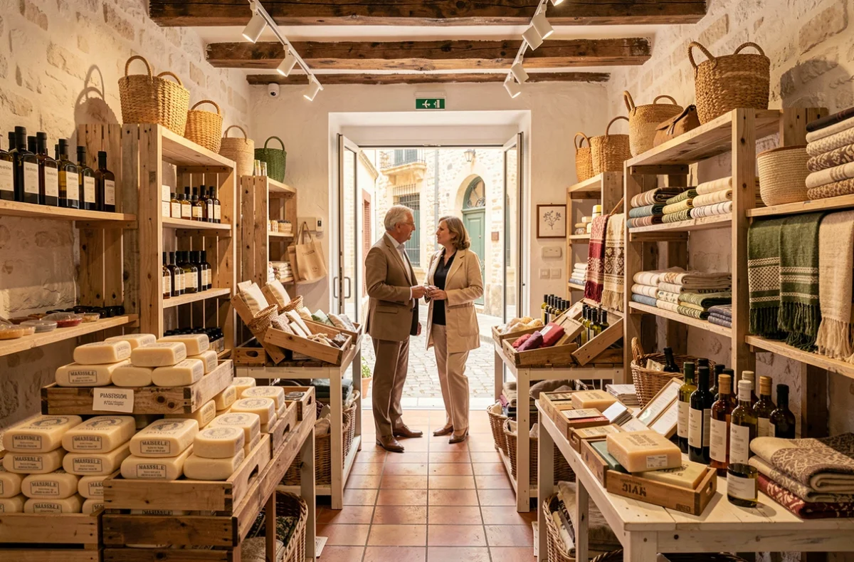 Couple élégant découvrant des savons artisanaux et des produits locaux dans une boutique de souvenirs authentique du quartier Le Panier à Marseille