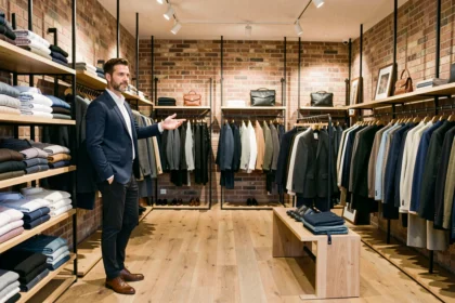 Un homme élégant explore les rayons d'une boutique de mode masculine dans les Hauts-de-France