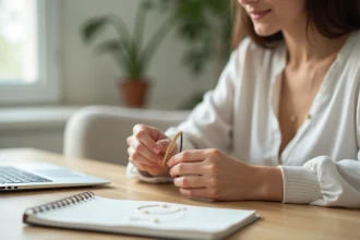 Femme tenant un bracelet en or La Vie en Or devant un ordinateur portable, comparant les prix en ligne dans un bureau à domicile lumineux