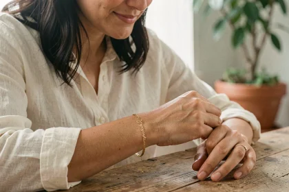 Femme tenant un bracelet doré gravé avec un message personnalisé, bijou SRD sur table en bois
