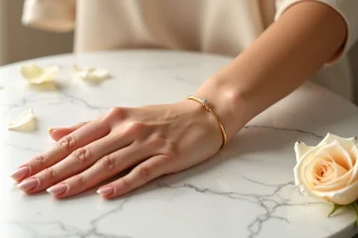 Bracelet or jonc femme en or jaune 18 carats posé sur marbre blanc, gros plan détaillé sur la texture et le poli du bijou