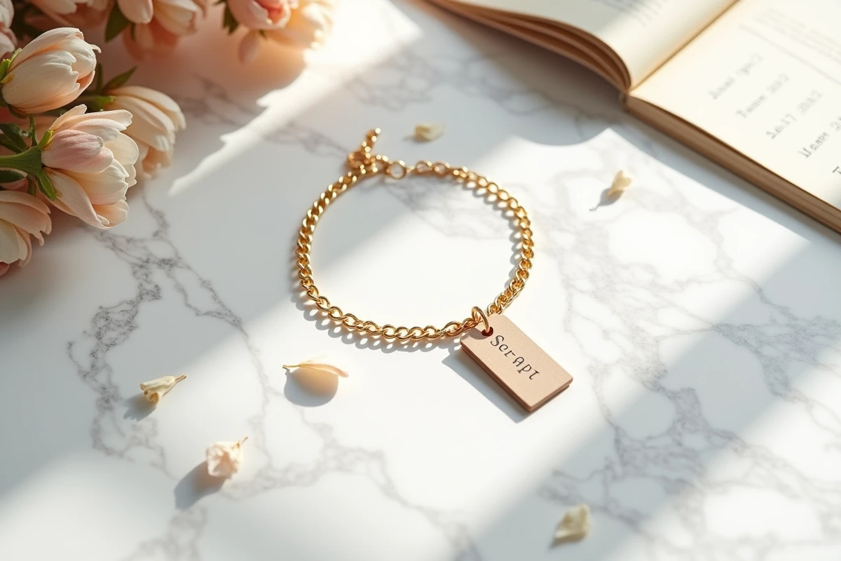 Bracelet en or La Vie en Or posé sur marbre blanc avec calendrier et étiquette de prix, illustration des meilleures périodes d'achat