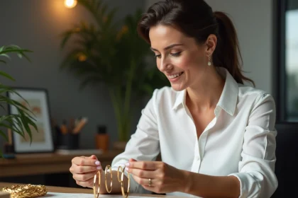 Femme examinant des bracelets en or dans un bureau moderne