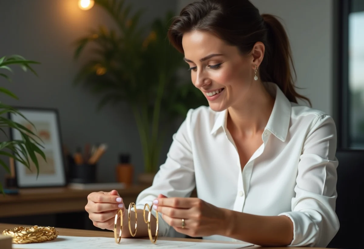 Femme examinant des bracelets en or dans un bureau moderne