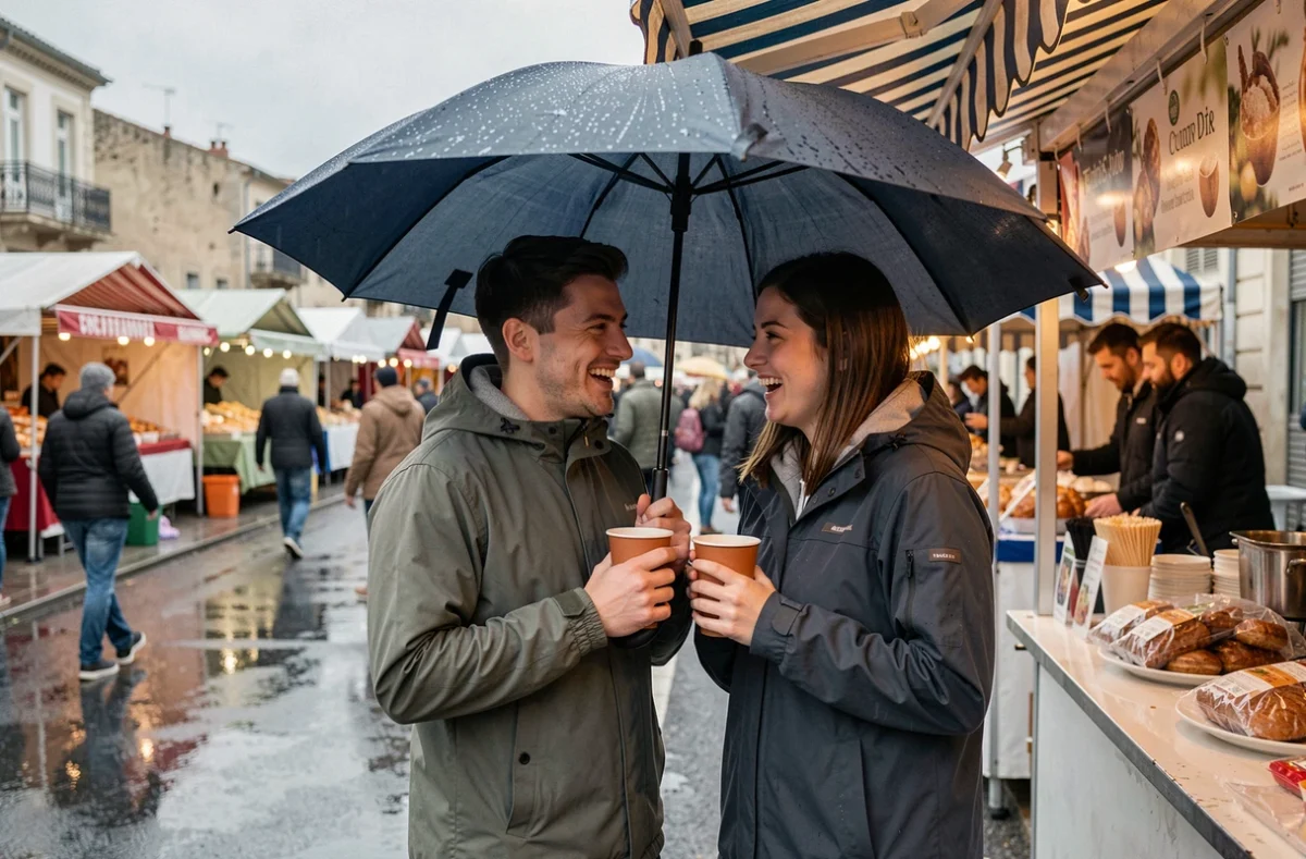 Couple partageant un parapluie et une boisson chaude à la braderie de Montpellier sous la pluie