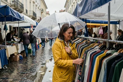 Femme en imperméable jaune faisant les soldes à la grande braderie de Montpellier sous la pluie
