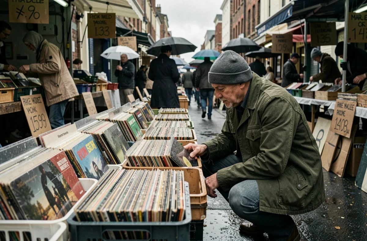 Homme fouillant des vinyles anciens sur un étal mouillé lors de la braderie de Montpellier