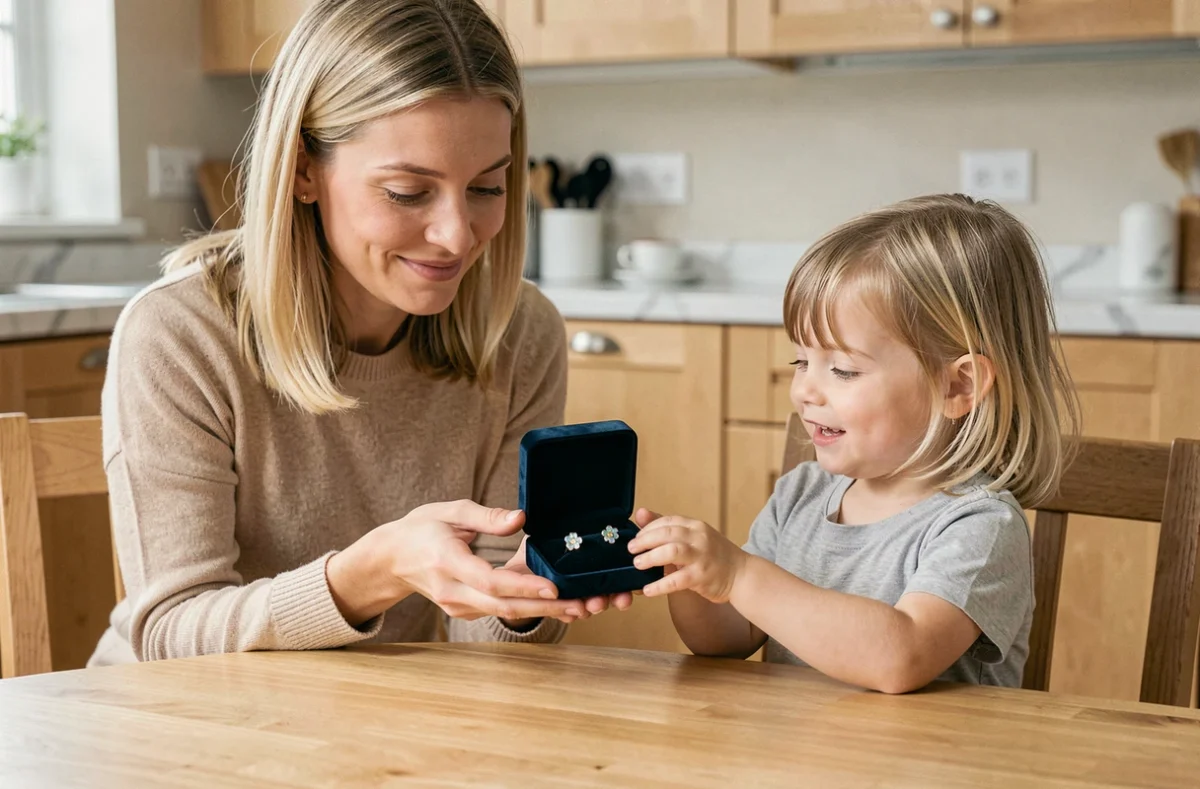 Mère présentant un écrin de boucles d'oreilles en émail fleuri à sa petite fille de 5 ans dans une cuisine familiale lumineuse