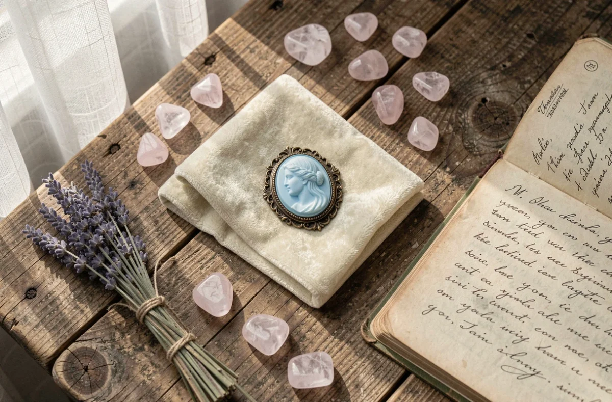 Camée bleu antique posé sur velours crème entouré de cristaux et lavande séchée, composition spirituelle en flat-lay
