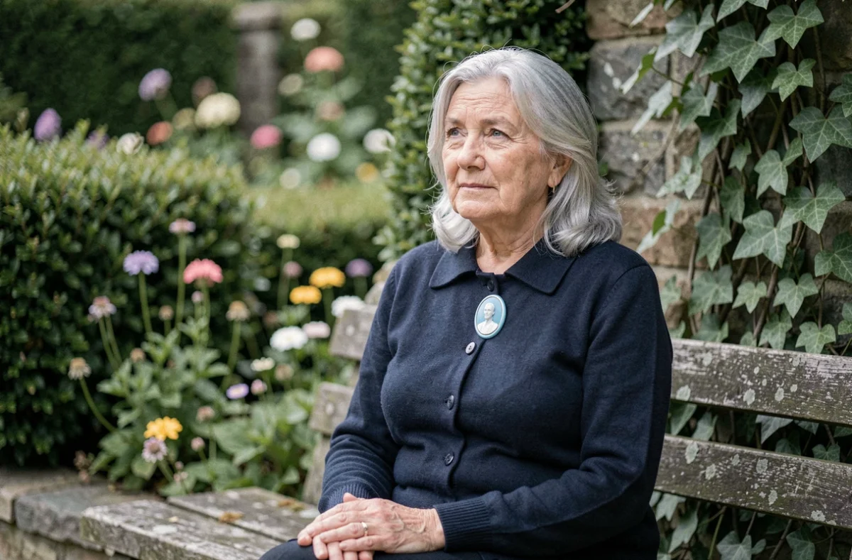 Femme âgée aux cheveux argentés portant un camée bleu dans un jardin en pierre, évoquant protection et intuition spirituelle