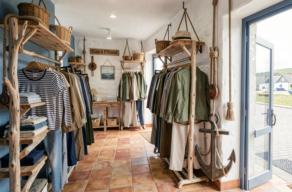 Boutique Cap à l'Ouest en Finistère avec une décoration maritime et des vêtements de seconde main à thème côtier sur des étagères en bois flotté