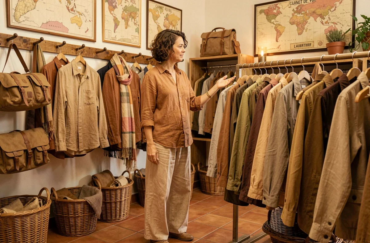 Intérieur de la boutique Carnet de Vol avec des vêtements en lin aux tons naturels et une décoration d'inspiration voyage et artisanale