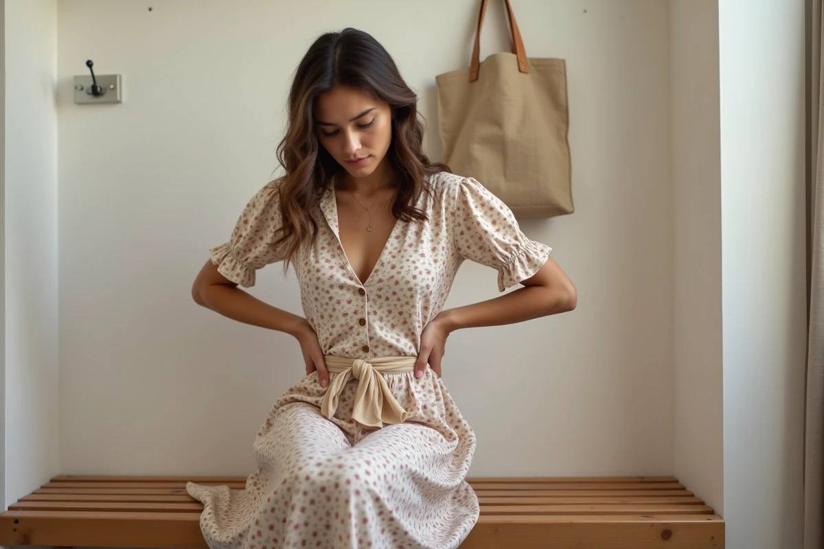 Femme en robe midi assise dans une cabine d'essayage remarquant un problème de ceinture mal ajustée