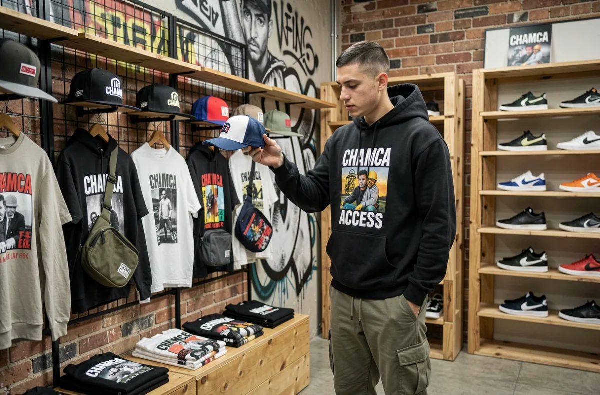 Intérieur de Chamca Access avec des vêtements streetwear, casquettes et sneakers exposés dans une boutique urbaine à l'ambiance jeune et dynamique