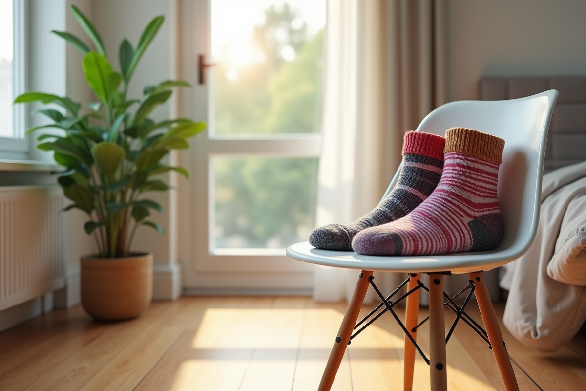 Chaussettes colorées sur une chaise dans une chambre lumineuse