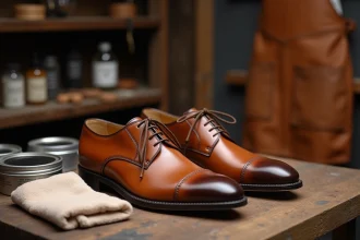 Chaussures Oxford en cuir cirées avec une formule de cirage moderne sur un établi de cordonnier en bois