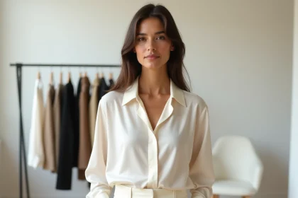 Femme portant un chemisier en soie ivoire bien structuré dans un studio de mode contemporain, style éditorial et minimaliste