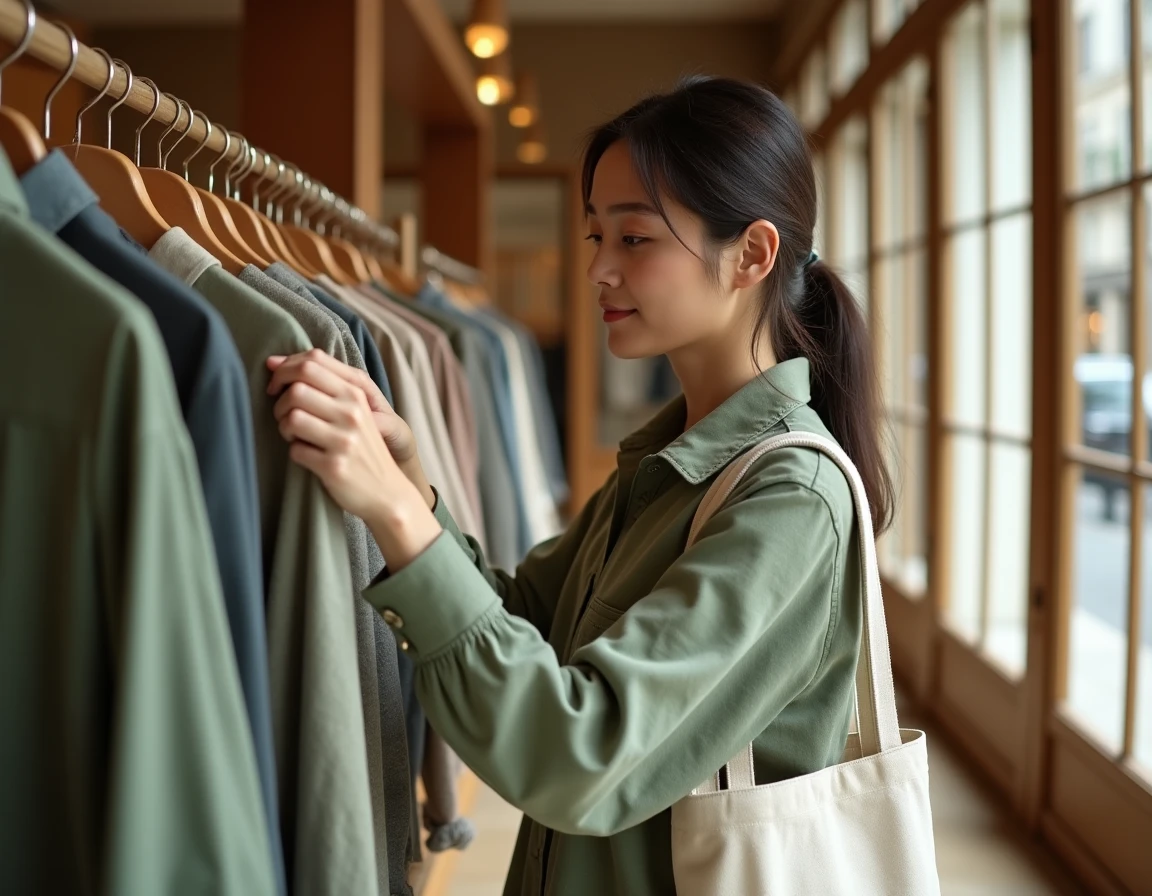 Jeune femme en chemisier en lin vert sauge parcourant les vêtements dans une boutique de mode parisienne élégante