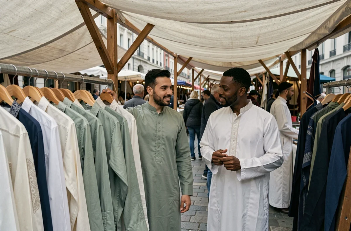 Deux hommes choisissant des quamis de différentes couleurs sur un marché de vêtements traditionnels en plein air