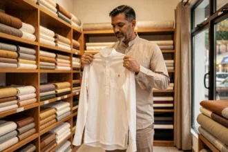 Homme sud-asiatique tenant un quamis blanc dans une boutique de vêtements traditionnels pour évaluer la taille