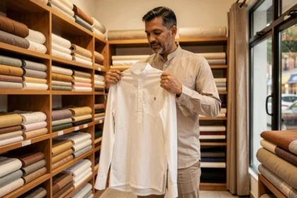 Homme sud-asiatique tenant un quamis blanc dans une boutique de vêtements traditionnels pour évaluer la taille