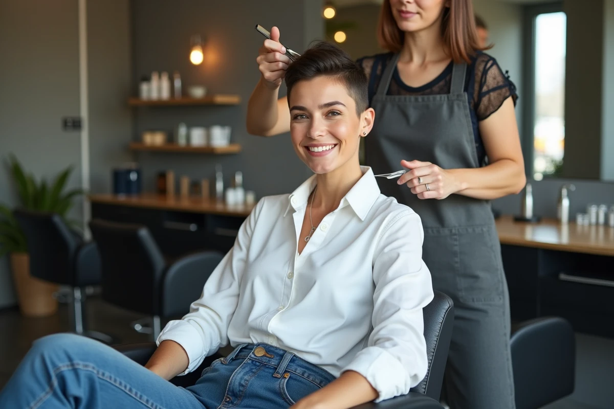 Femme en coiffure pixie dans un salon moderne