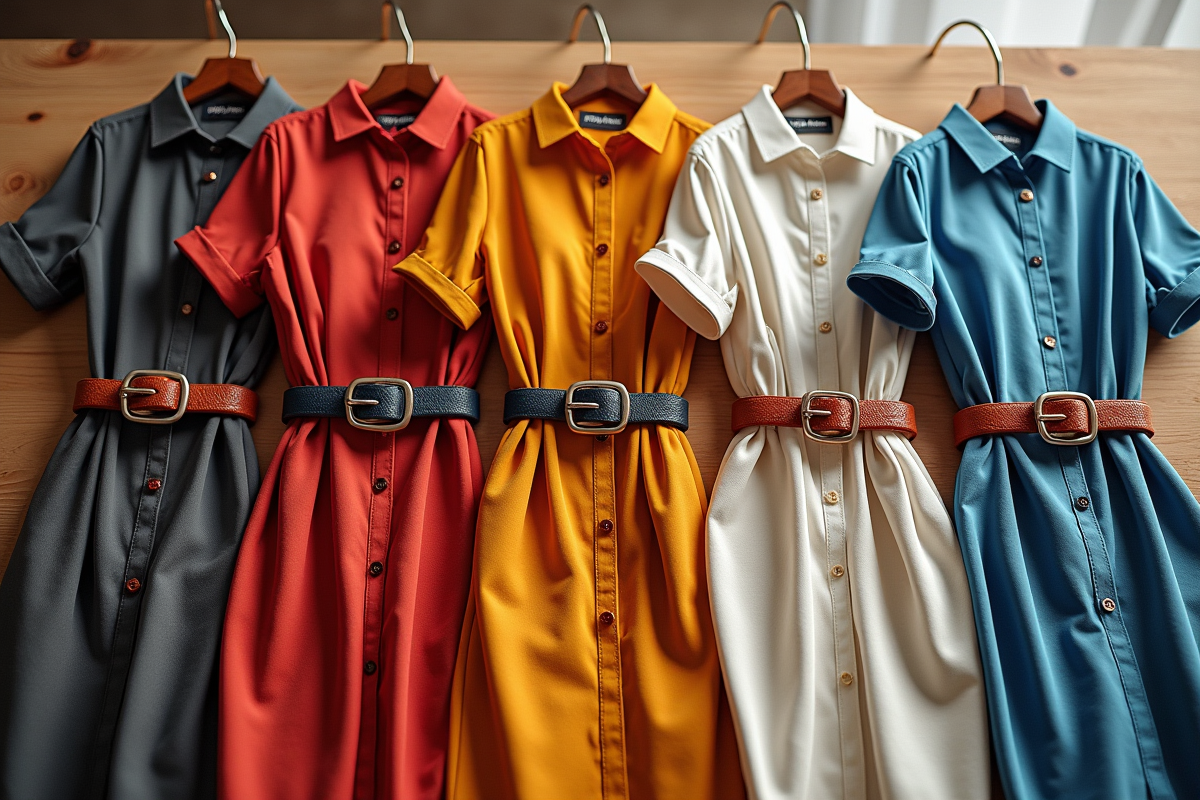 Collection de ceintures et vêtements colorés sur une table moderne