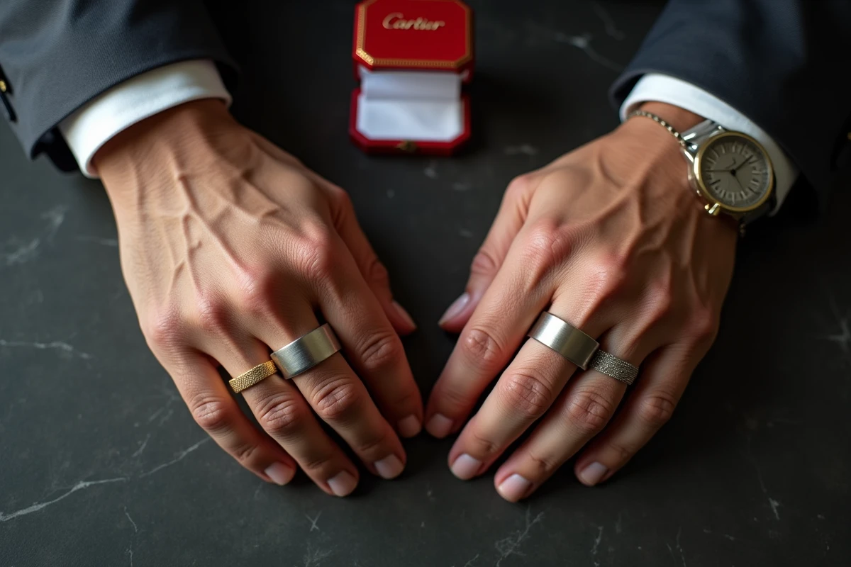 Comparaison de bagues Cartier Love homme en or jaune et platine avec boîte Cartier rouge sur ardoise