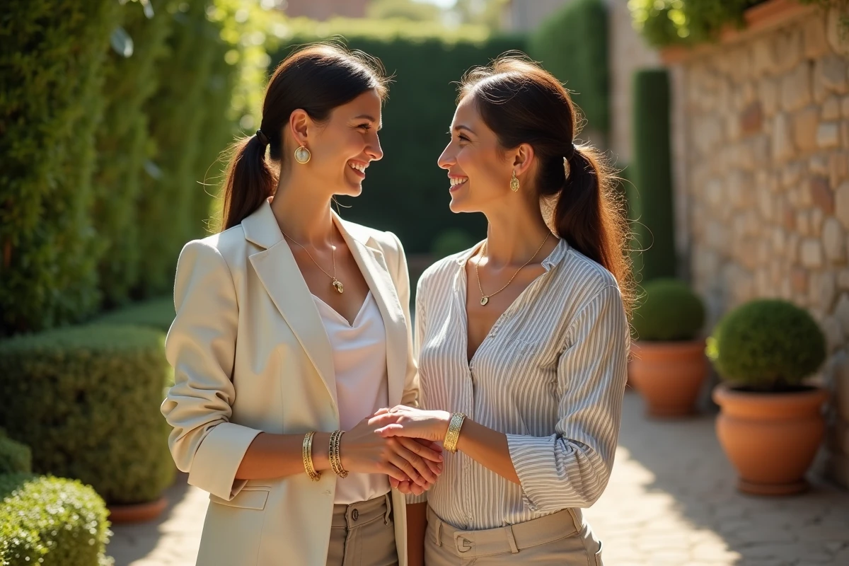 Deux femmes comparant des bracelets jonc en or jaune brossé et en or blanc brillant dans un jardin botanique, style éditorial magazine
