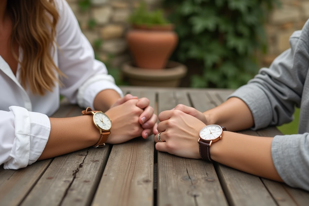 Comparaison de deux montres double bracelet cuir femme fin et large portées côte à côte sur une terrasse en pierre à la campagne française