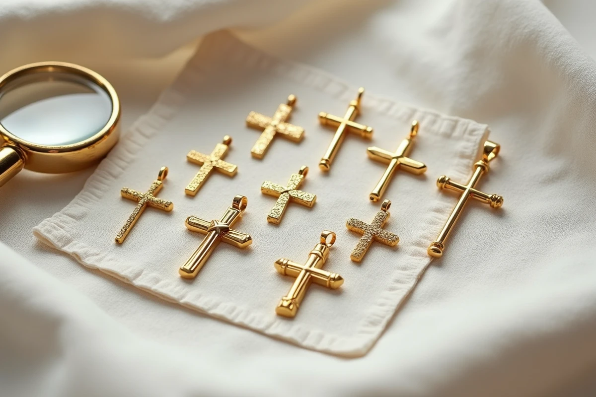 Plusieurs pendentifs croix en or comparés côte à côte avec une loupe et un certificat d'authenticité sur un tissu lin