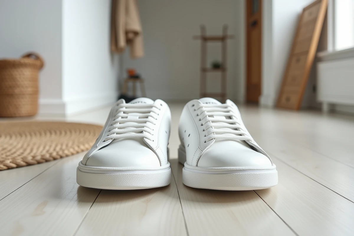 Comparaison de deux pointures de baskets françaises en cuir blanc côte à côte sur parquet clair