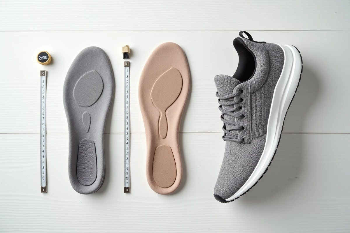 Comparaison de différentes semelles pour chaussures trop grandes posées à plat sur une table en bois